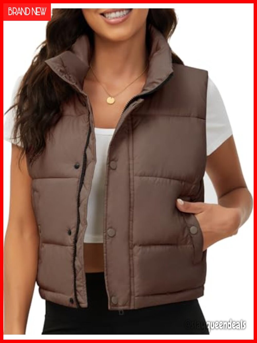 Women's Quilted Cropped Puffer Vest Sleeveless Snap Button Waterproof